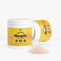 TeqenX ChargeUp Yuzu Flavor energy powder in a bright yellow container with a scoop, offering balanced energy without crashes.