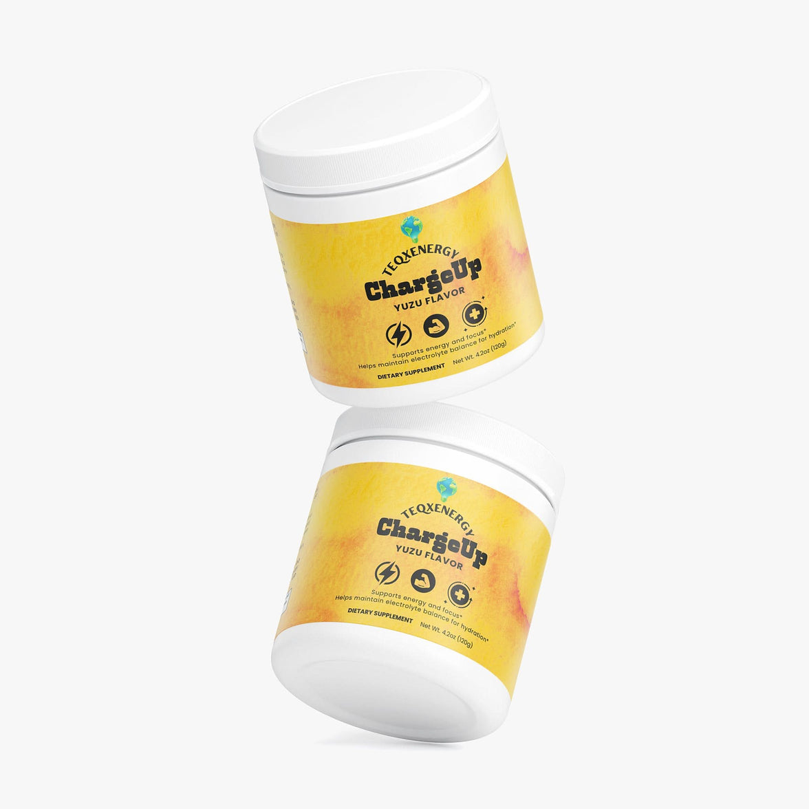 TeqenX ChargeUp Yuzu Flavor container with yellow label, offering sugar-free energy powder for sustained focus and performance.