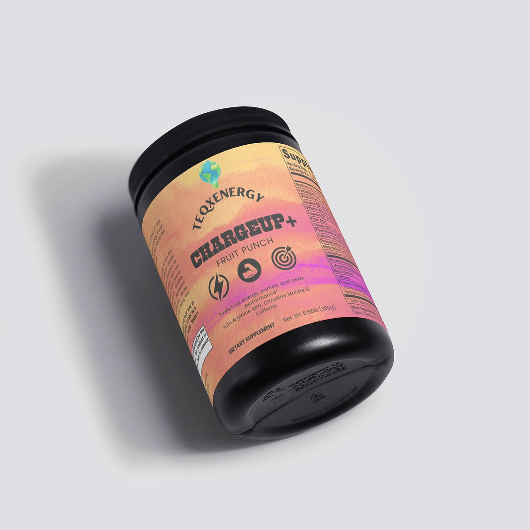 TeqenX ChargeUp+ Fruit Punch offers explosive energy, enhanced muscle pumps, and sharp focus with 23 powerful nutrients. Perfect for any time of day, this pre-workout blend helps you push past your limits and elevate your performance. Experience the difference with every scoop!