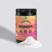 TeqenX ChargeUp+ Fruit Punch container with a scoop of pre-workout powder, promoting energy, focus, and muscle pumps.