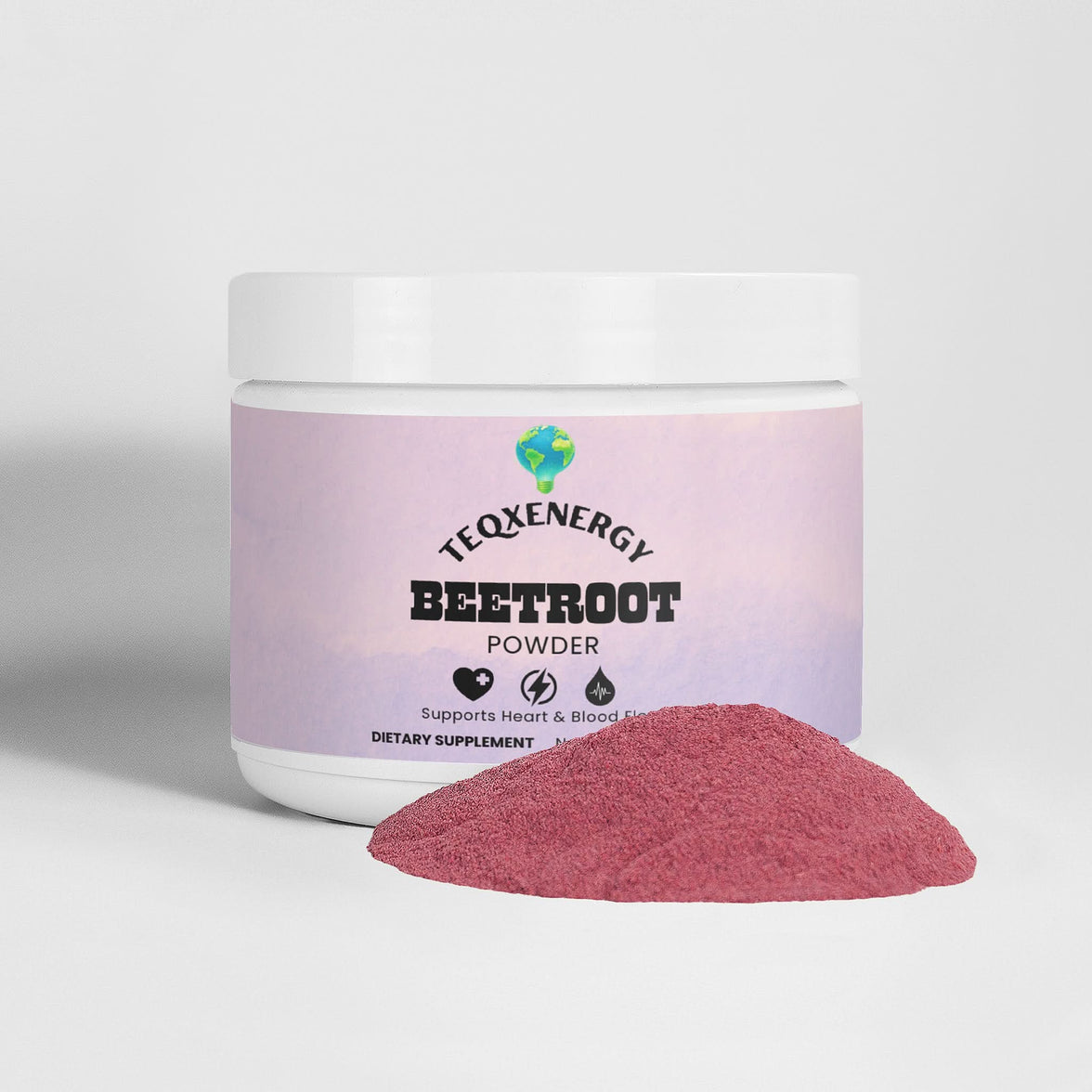 TeqenX Beetroot Powder supports healthy blood flow and athletic recovery. This blend of beetroot, hibiscus, and apple juice powder is perfect for pre- and post-workout. Enjoy a refreshing taste naturally sweetened with stevia. Each container offers 30 servings, free from artificial additives. Mix 1 scoop with cold water or your favorite beverage for optimal benefits. Elevate your performance and wellness today!