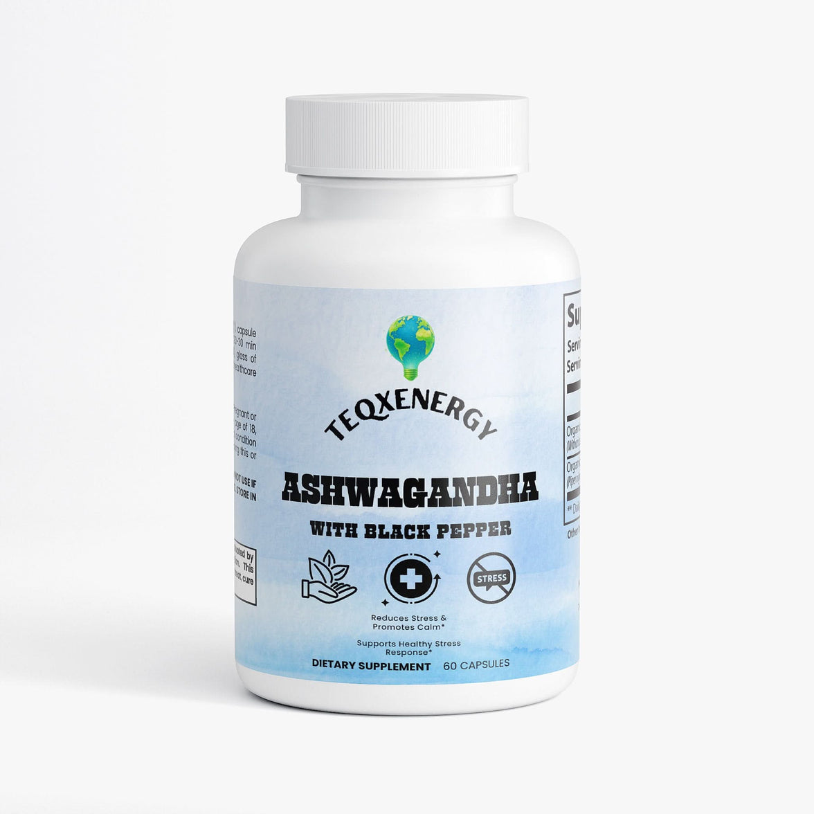 TeqenX Organic Ashwagandha bottle with 60 capsules, promoting stress relief and enhanced absorption with black pepper.
