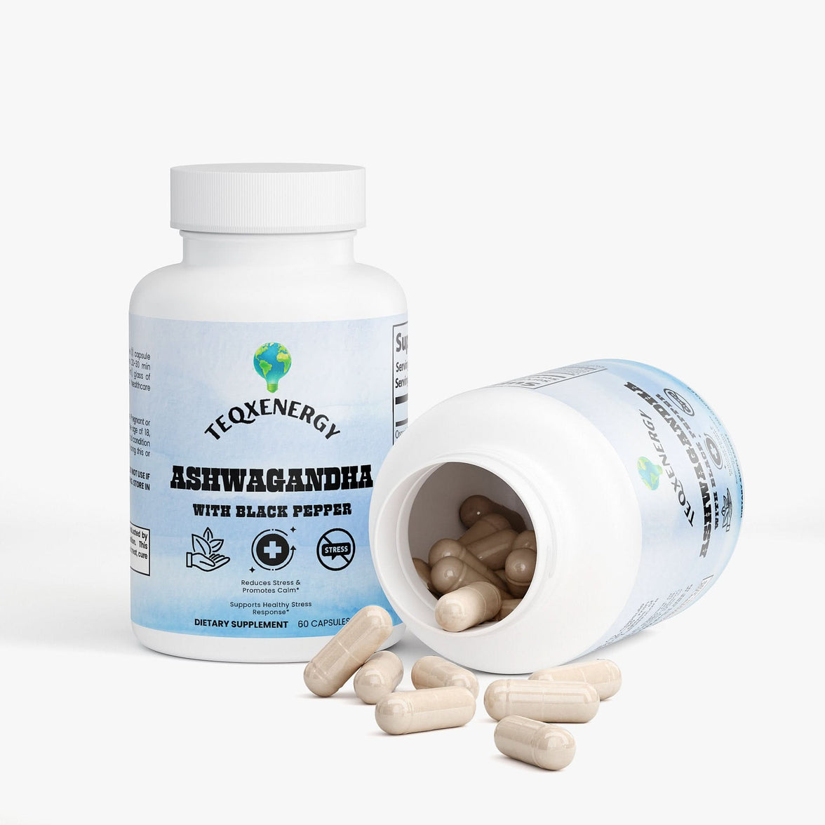TeqenX Organic Ashwagandha in a white bottle with a blue label, featuring 60 vegan capsules for stress relief and calm energy.