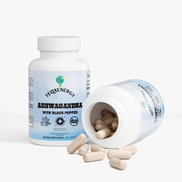 TeqenX Organic Ashwagandha in a white bottle with a blue label, featuring 60 vegan capsules for stress relief and calm energy.