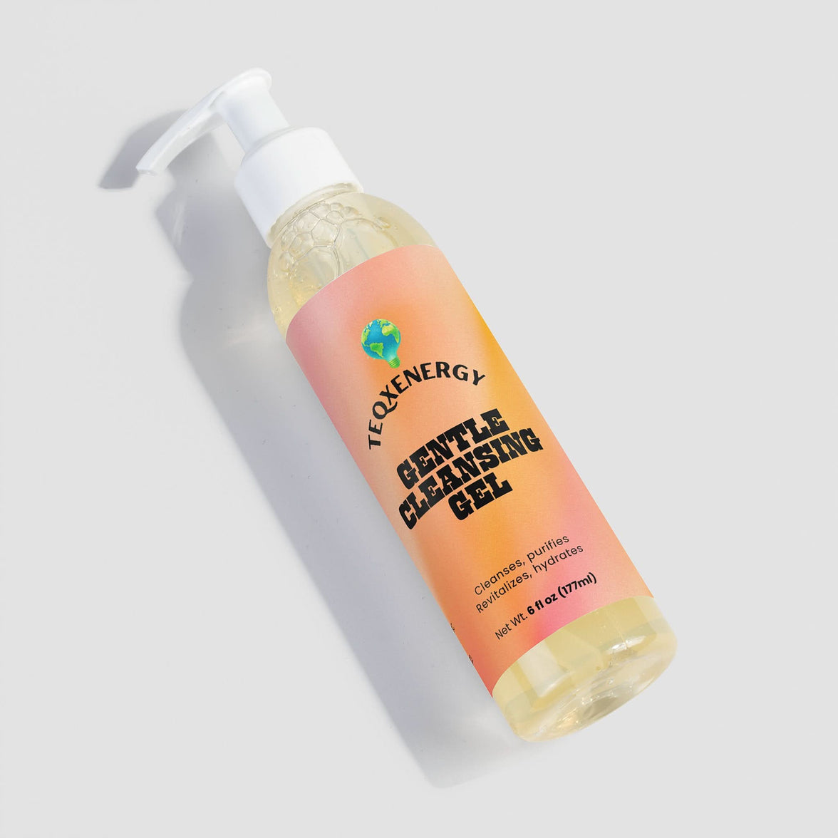 TeqenX Gentle Cleansing Gel in a transparent pump bottle, oil-free formula with fruit extracts for effective cleansing and hydration.