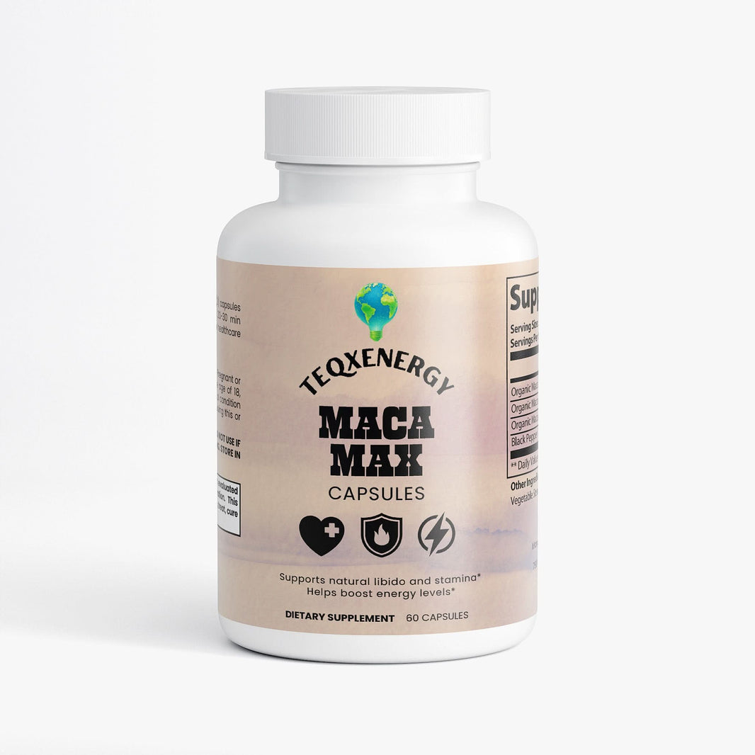 Experience the energy-boosting benefits of TeqenX Maca Max with 1500mg of organic tri-color maca root per serving. This powerful blend of red, black, and yellow maca supports vitality and hormonal balance, rooted in traditional Peruvian culture. Enjoy enhanced absorption with black pepper and rich antioxidants in every vegetable capsule. Made in the USA, Maca Max offers a pure, clean supplement without synthetic additives. Elevate your wellness journey today!