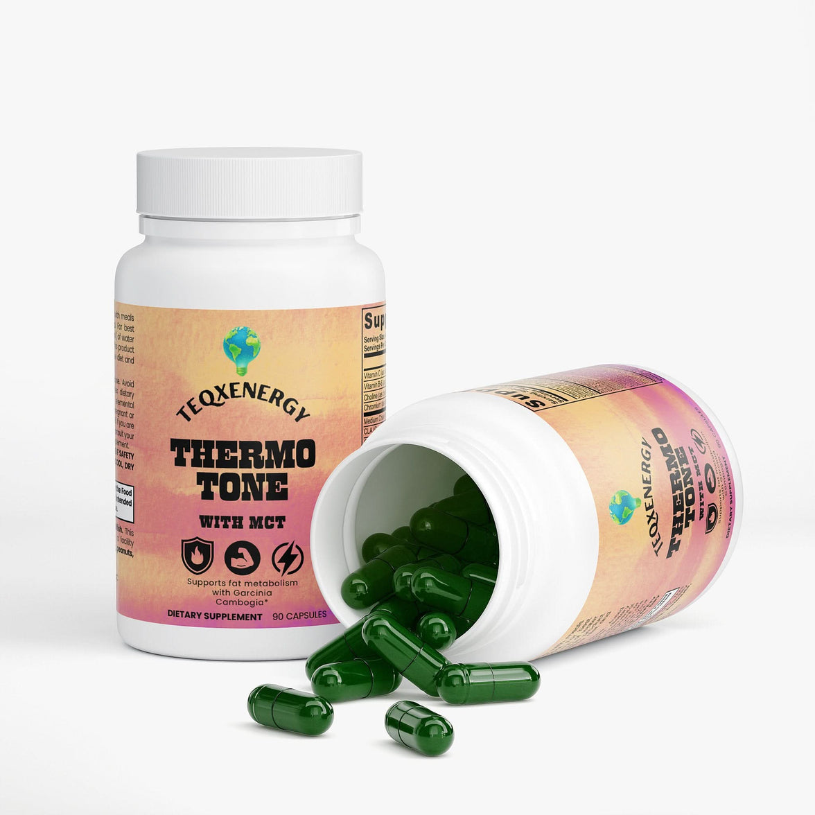 TeqenX THERMOTONE MCT is a powerful fat burner that supports metabolism and weight management. This formula features MCT oil, L-Carnitine, and Garcinia Cambogia to enhance fat burning and improve fat metabolism. With over 20 active ingredients, including essential vitamins and minerals, it promotes optimal liver function and complete nutrition. Ideal for those committed to a balanced diet and exercise, THERMOTONE MCT helps you achieve your fitness goals effectively.