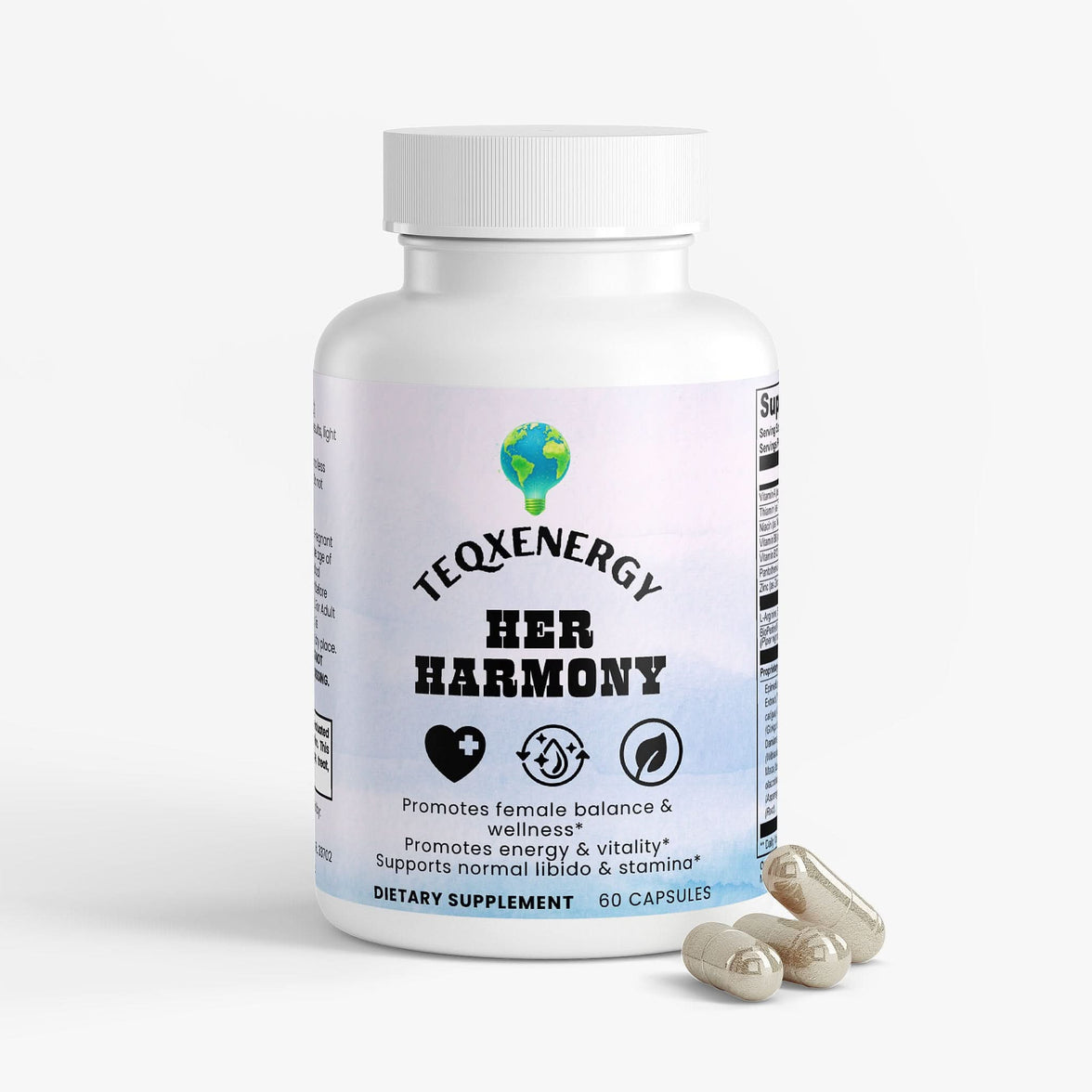 TeqenX HERHARMONY Female Enhancement in a white bottle, promoting female balance and wellness with 60 capsules for vitality support.