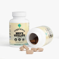 TeqenX Men's Vitality features a white bottle with a light blue and green design, containing tablets that support physical stamina and performance. This powerful formula combines Tongkat Ali, L-Arginine, Maca, and Ginseng to enhance energy and overall male wellness. With over 15 traditional herbs and essential nutrients, it promotes confidence and vitality. Experience peak performance with easy-to-take daily tablets.