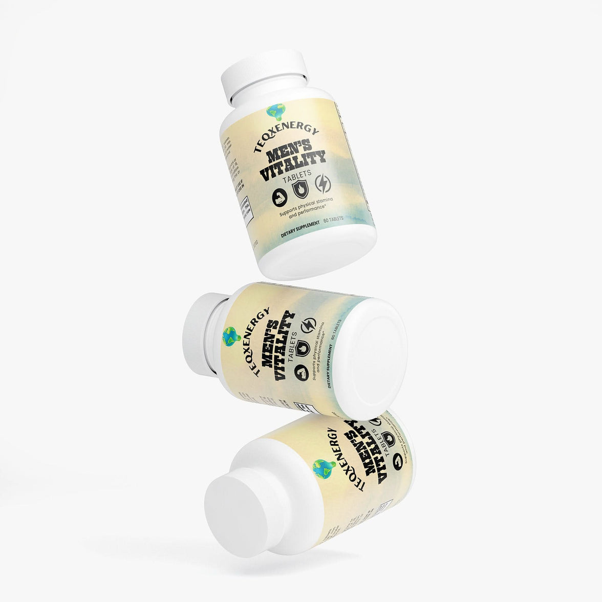 TeqenX Men's Vitality features three bottles of a dietary supplement designed for male wellness, promoting energy and vitality.