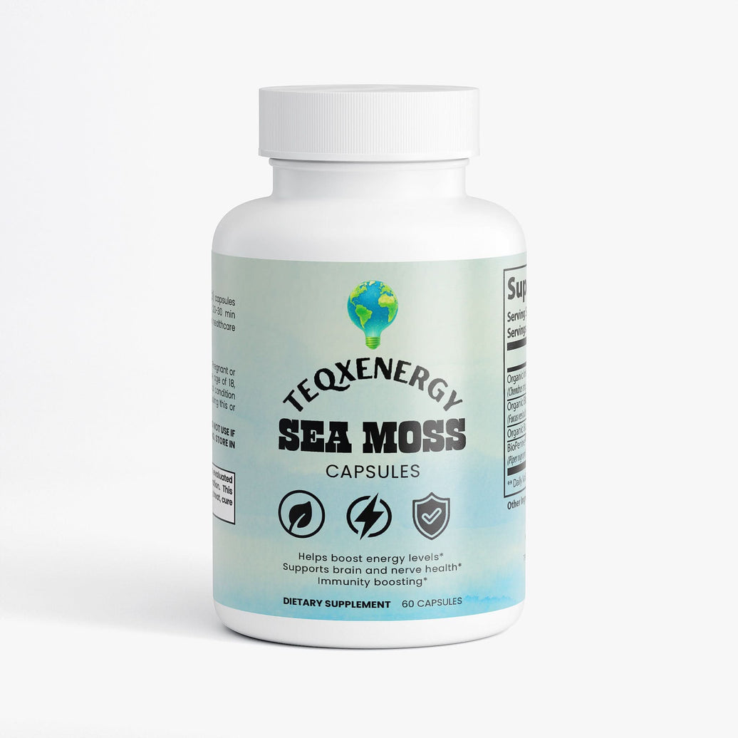 TeqenX Sea Moss capsules in a white bottle, promoting immune support, thyroid health, and detox wellness.