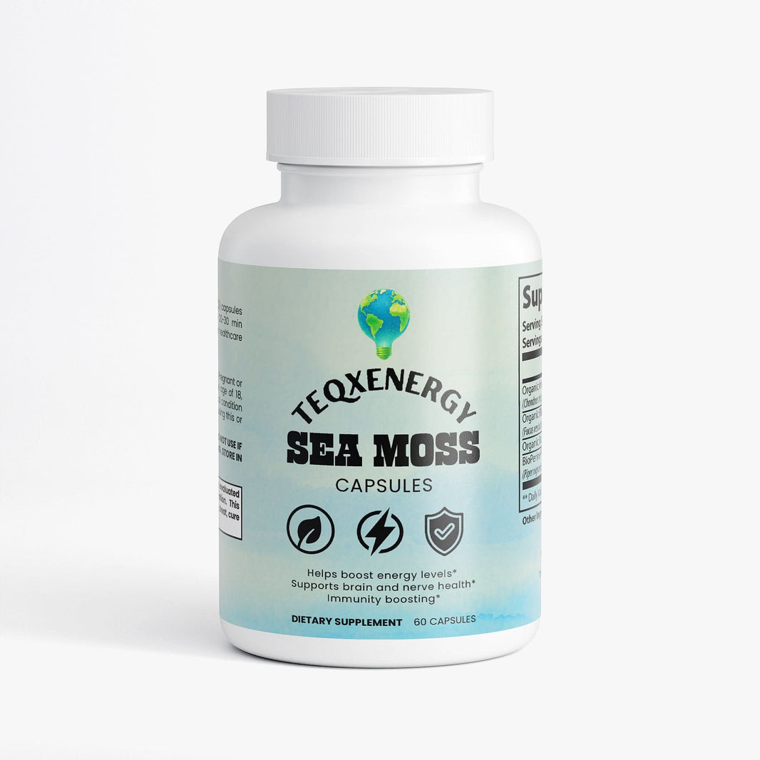 TeqenX Sea Moss capsules in a white bottle, promoting immune support, thyroid health, and detox wellness.