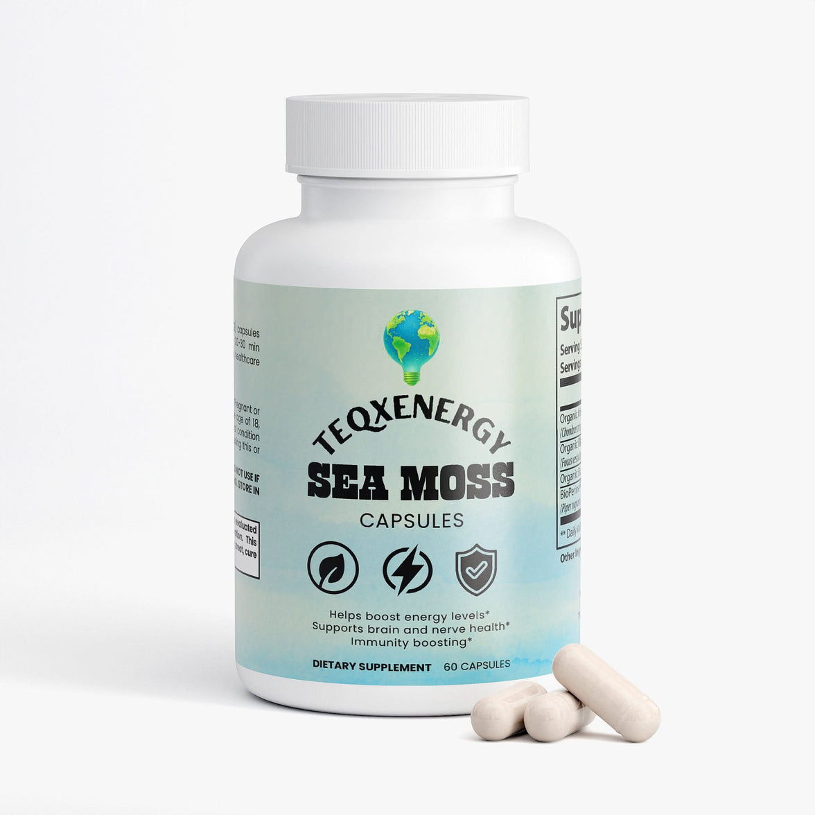 TeqenX Sea Moss combines organic Irish Moss, Bladderwrack, and Burdock Root with BioPerine® for enhanced absorption. This superfood blend supports immune function, promotes thyroid health, and aids detoxification. Take 2 capsules daily to elevate your wellness routine with premium ingredients designed for your well-being.