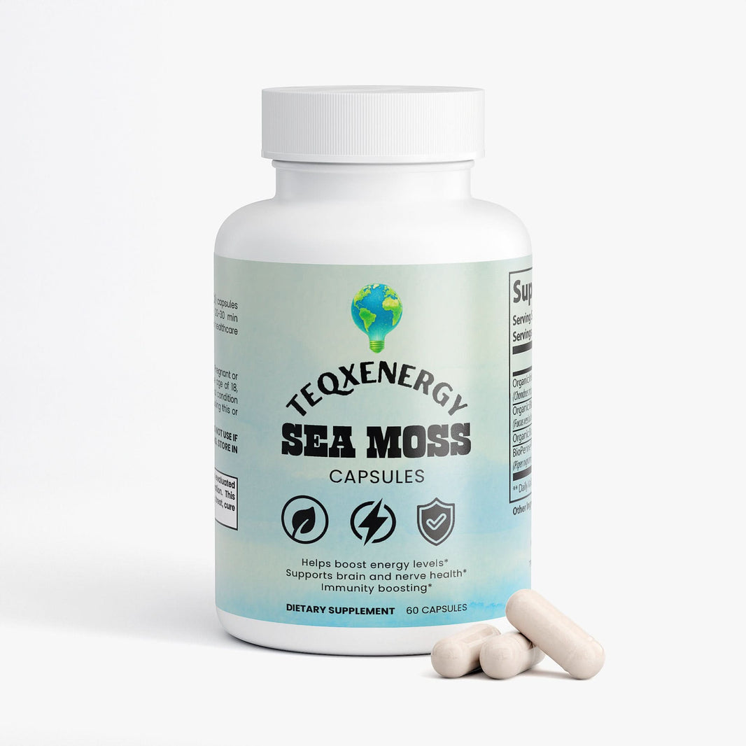 TeqenX Sea Moss combines organic Irish Moss, Bladderwrack, and Burdock Root with BioPerine® for enhanced absorption. This superfood blend supports immune function, promotes thyroid health, and aids detoxification. Take 2 capsules daily to elevate your wellness routine with premium ingredients designed for your well-being.