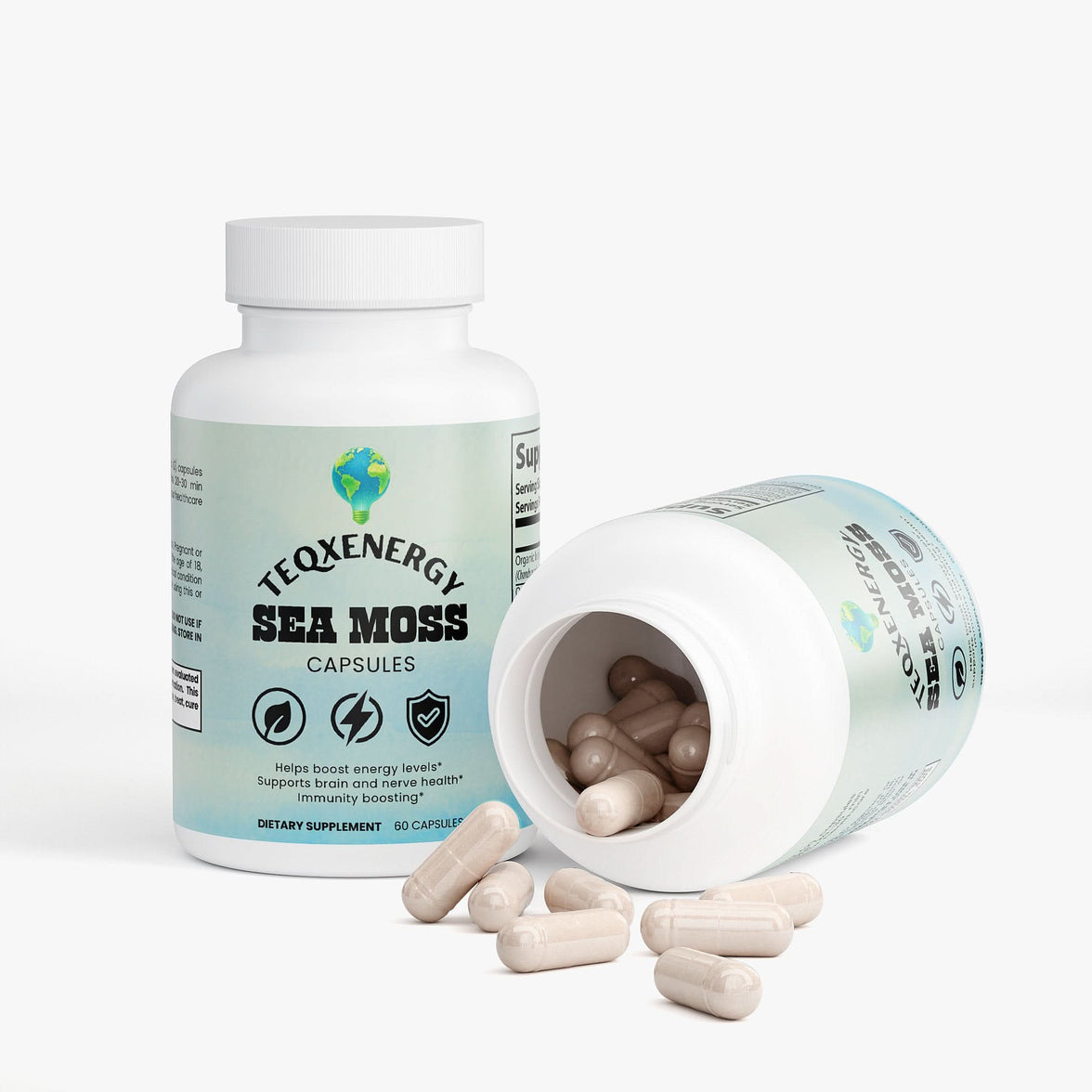 TeqenX Sea Moss capsules in a white bottle with a light blue and green design, featuring 60 beige capsules for immune and thyroid support.
