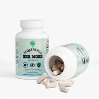 TeqenX Sea Moss capsules in a white bottle with a light blue and green design, featuring 60 beige capsules for immune and thyroid support.
