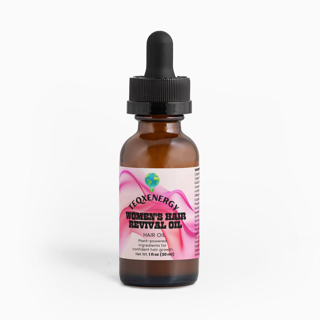 TeqenX Women's Hair Revival Oil in a brown glass bottle with dropper, promoting hair growth and scalp health.
