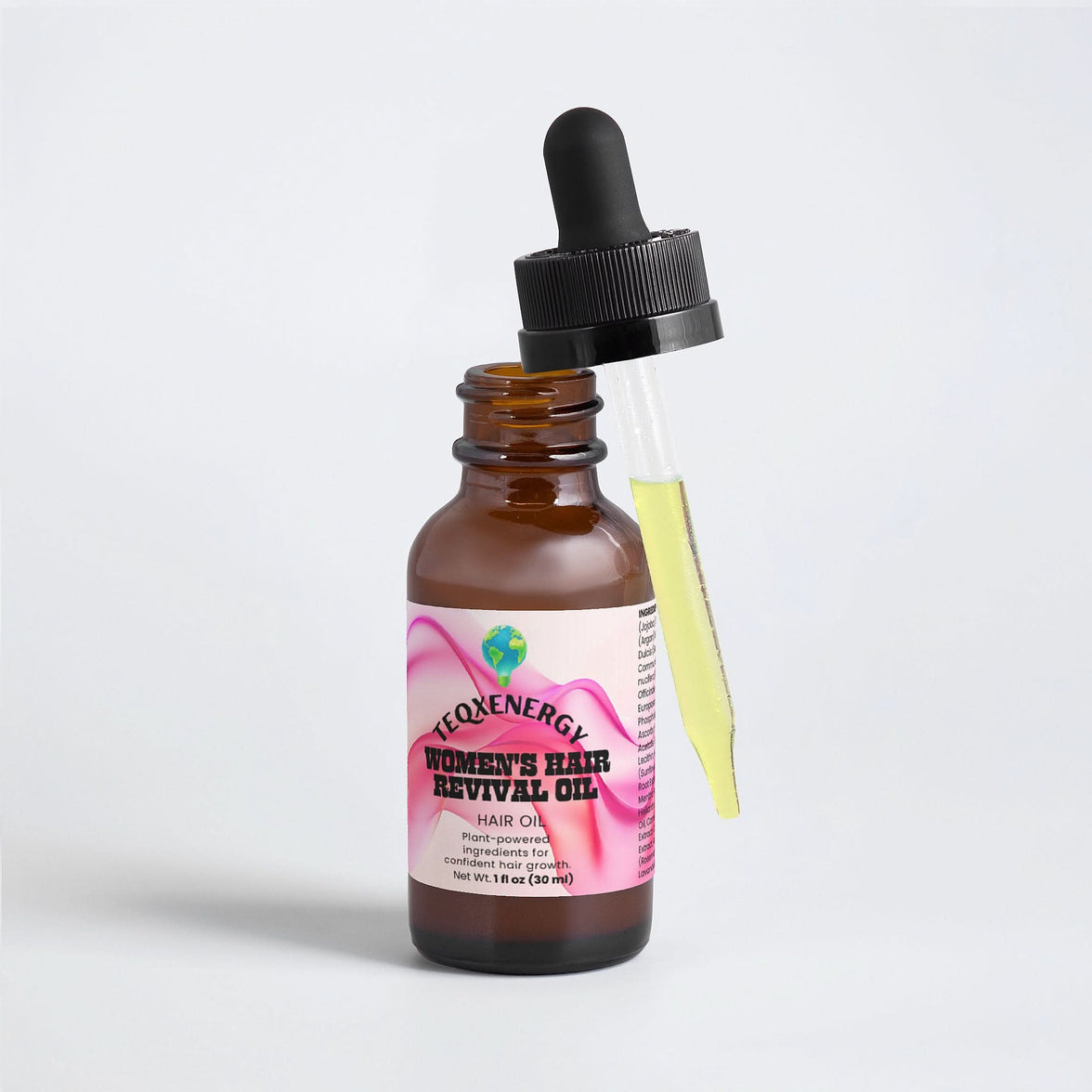 TeqenX Women's Hair Revival Oil in a brown glass dropper bottle, featuring a pink and white label, promotes hair growth and scalp health.