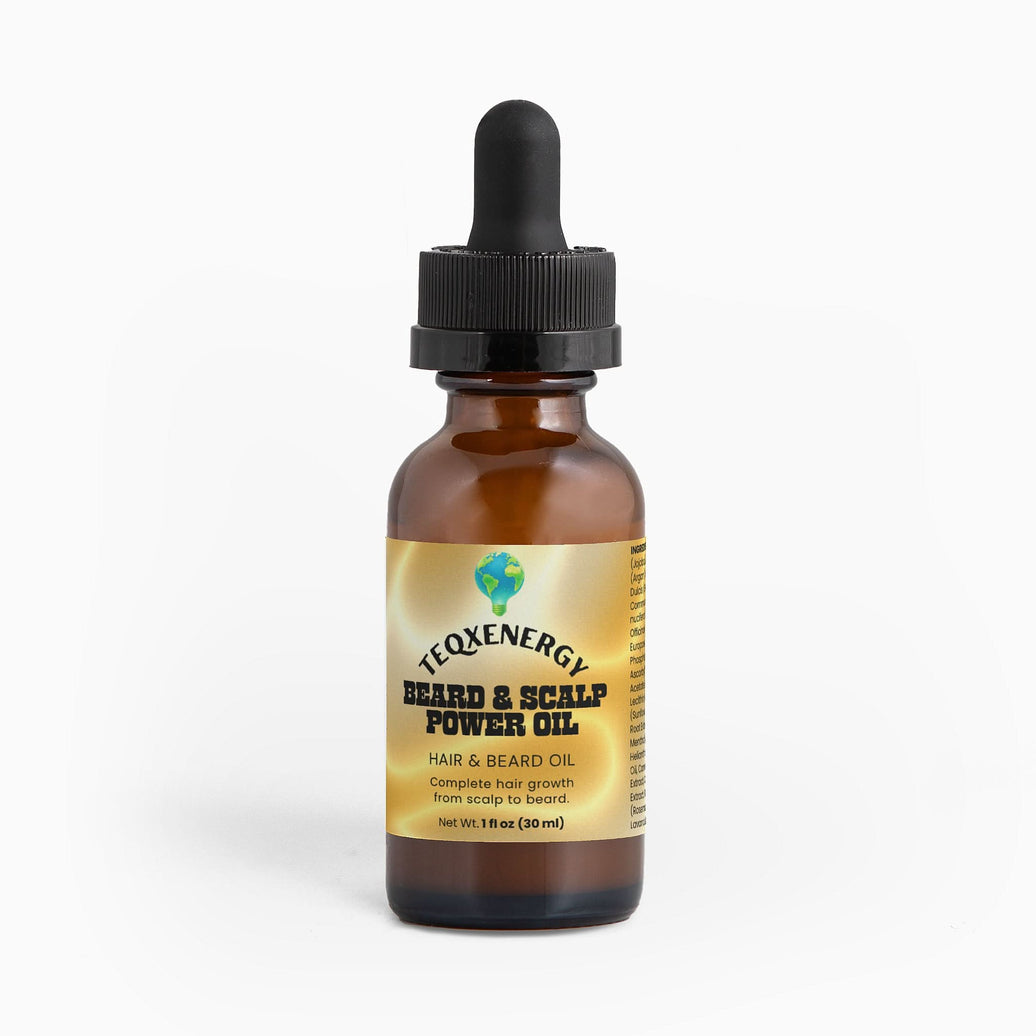 TeqenX Beard & Scalp Power Oil in a brown glass dropper bottle, designed for thicker beards and fuller scalp coverage.