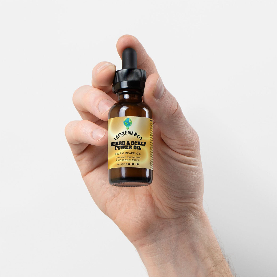 TeqenX Beard & Scalp Power Oil in a dark dropper bottle, designed for thicker beards and fuller scalp coverage.