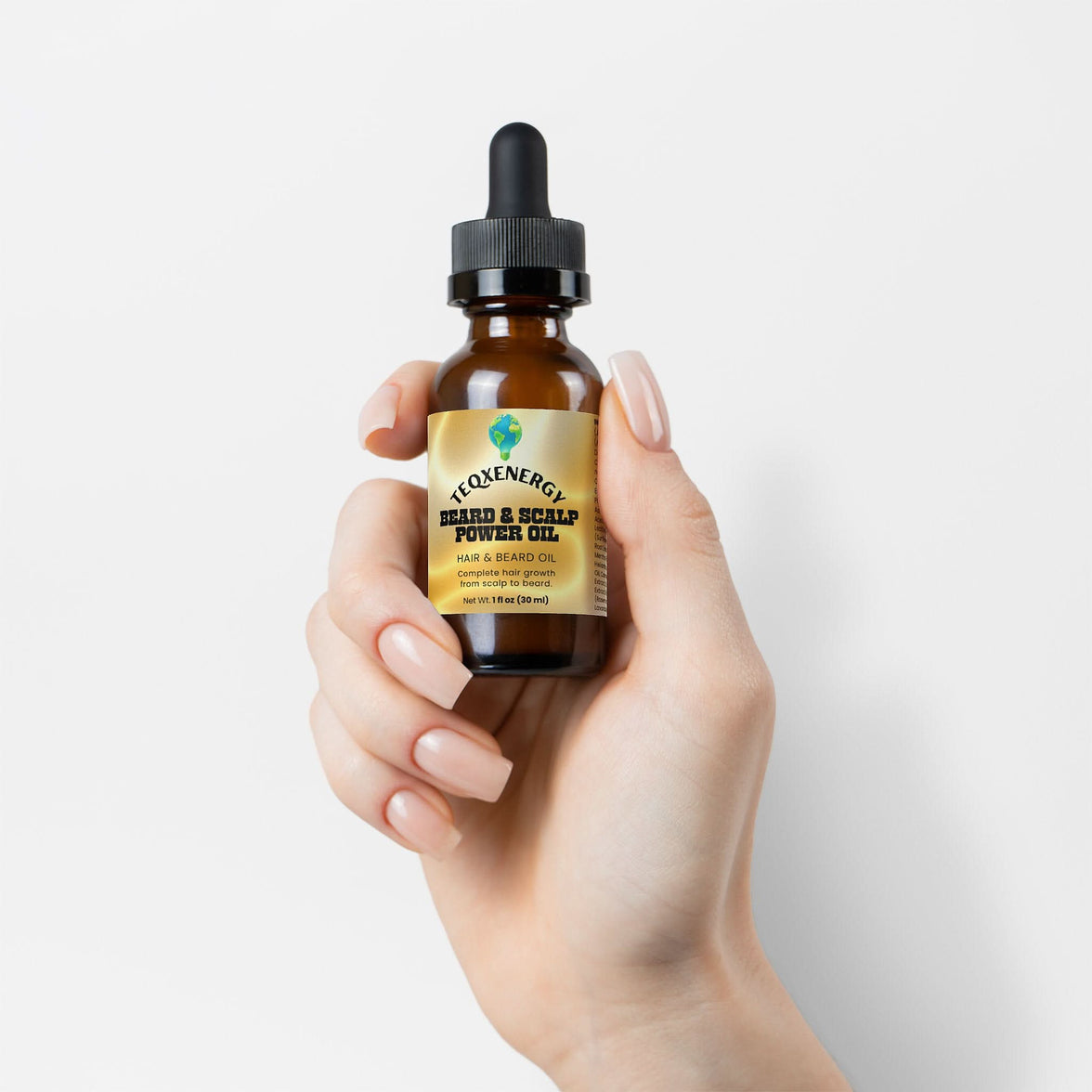 TeqenX Beard & Scalp Power Oil in a brown glass dropper bottle, promoting thicker beards and fuller scalp coverage.
