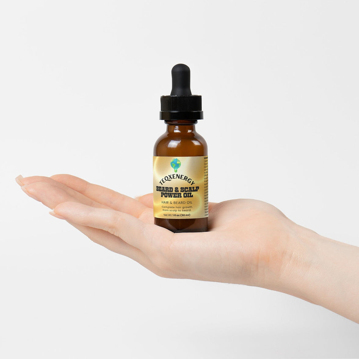 TeqenX Beard & Scalp Power Oil in a dropper bottle, promoting thicker beards and fuller scalp coverage for men.