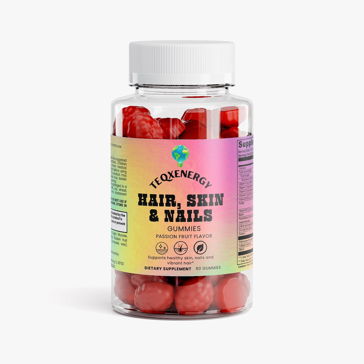 TeqenX Hair Skin Nails Gummies support beauty from within with biotin, marine collagen, and essential vitamins in a tasty passion fruit flavor. Enjoy strong hair, radiant skin, and healthy nails with this delicious daily treat. Perfect for enhancing your beauty routine!