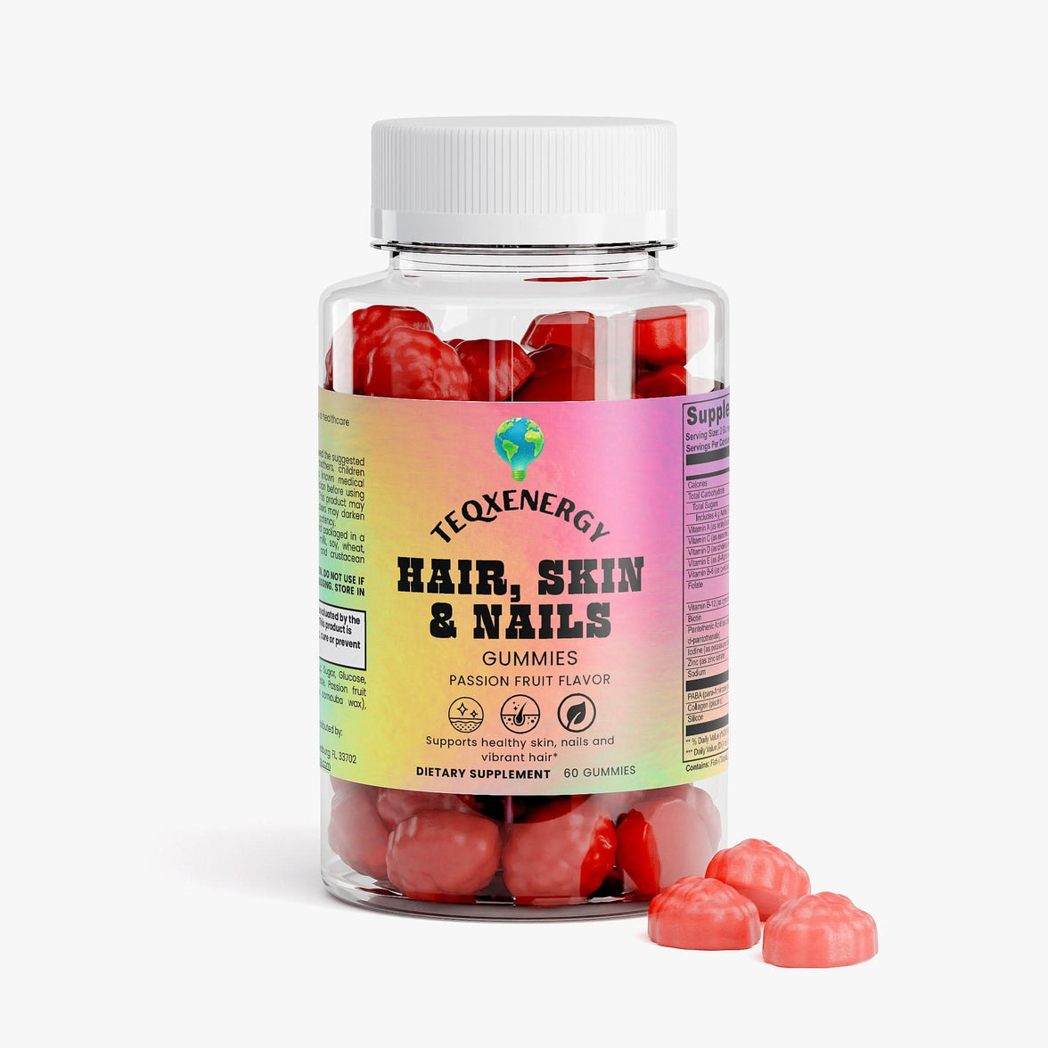 TeqenX Hair Skin Nails Gummies in a clear container, showcasing vibrant pink gummies, support beauty with biotin and marine collagen.
