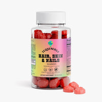 TeqenX Hair Skin Nails Gummies in a clear container, showcasing vibrant pink gummies, support beauty with biotin and marine collagen.