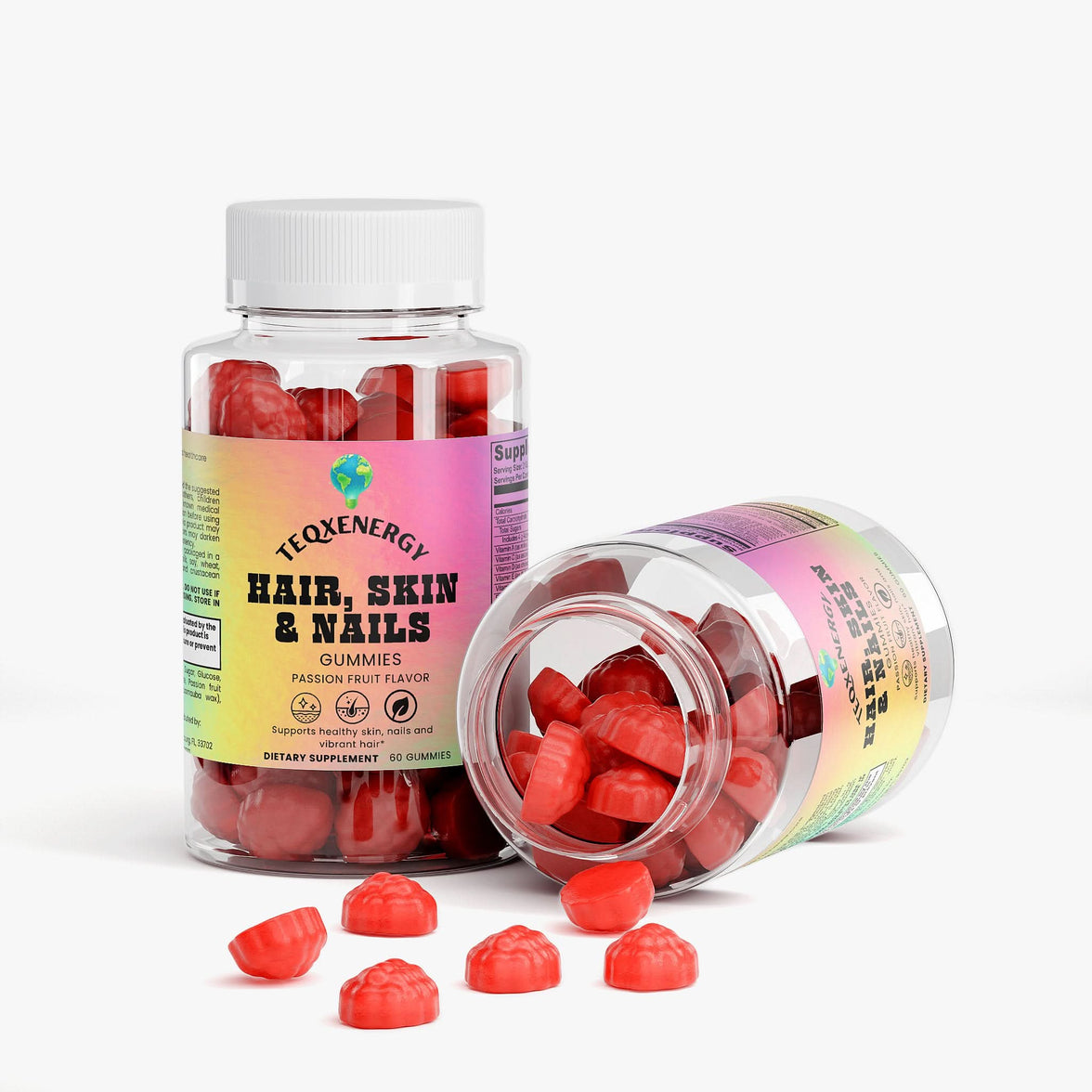 TeqenX Hair, Skin & Nails Gummies in passion fruit flavor support beauty from within with biotin, marine collagen, and essential vitamins. Enjoy strong hair, glowing skin, and healthy nails in a delicious daily treat. Perfect for your beauty routine.