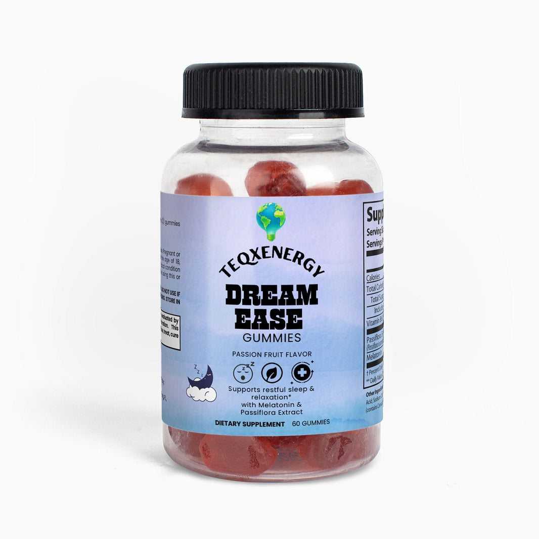 DREAMEASE Gummies in a clear bottle with black lid, showcasing reddish gummies, support restful sleep with passion fruit flavor.