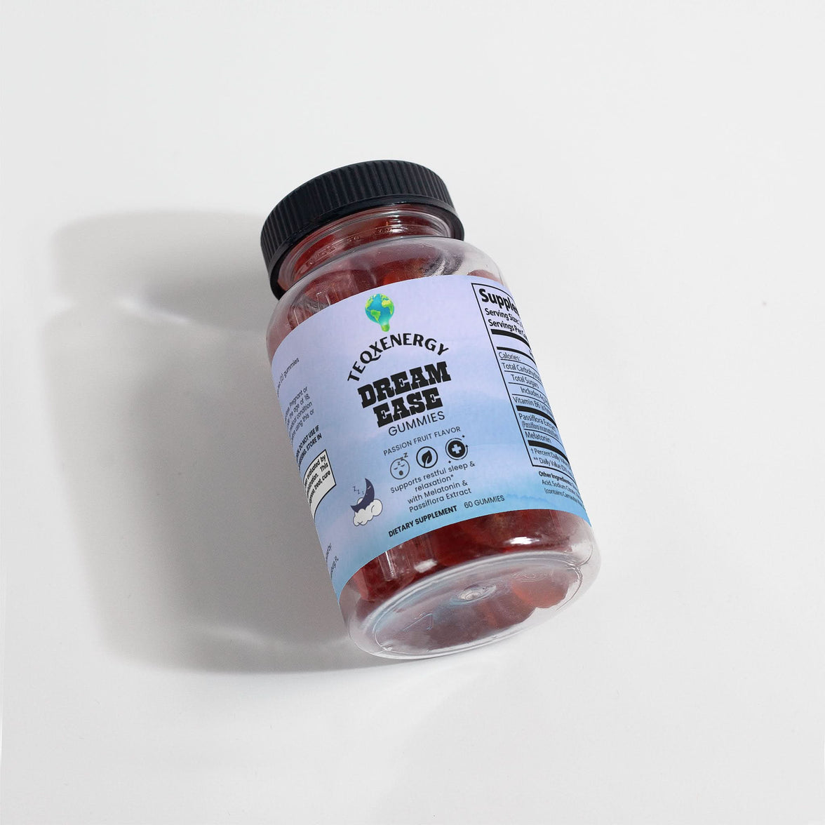 DREAMEASE Gummies in a clear jar with a black lid, featuring melatonin for enhanced REM sleep and a delicious passion fruit flavor.