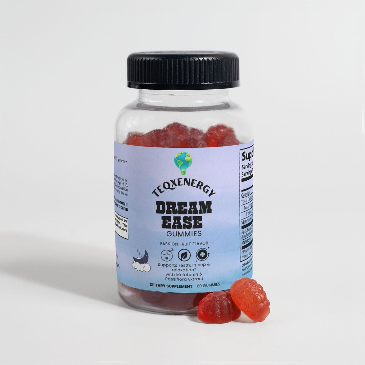 DREAMEASE Gummies in a clear bottle with a black lid, featuring visible red gummies and passion fruit flavor label.