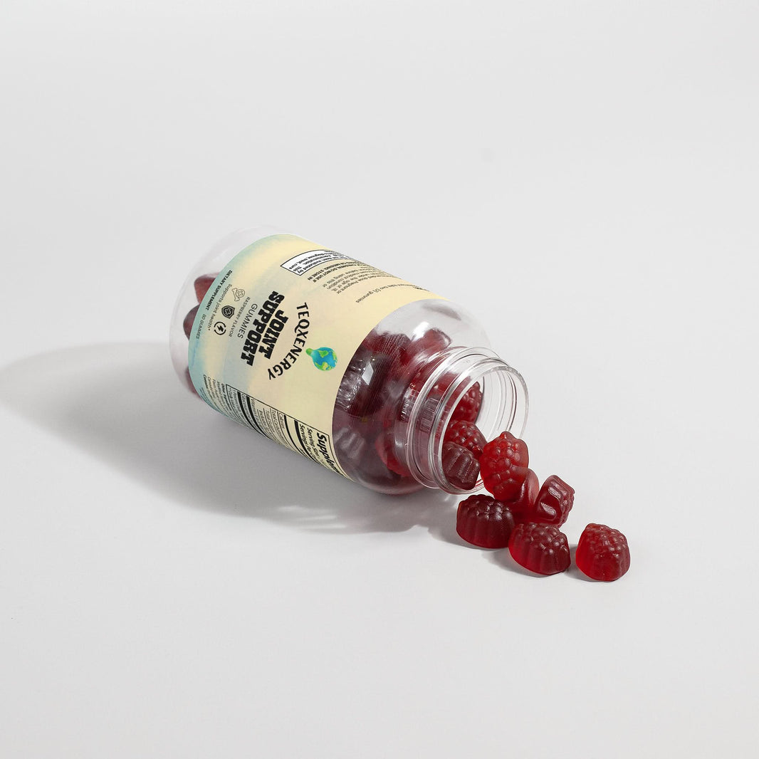 TeqenX Joint Support Gummies in raspberry flavor provide essential glucosamine sulfate for healthy cartilage and joint fluid. Perfect for active adults, these gummies enhance mobility and flexibility while offering antioxidant protection with Vitamin E. Enjoy convenient daily support without pills, making joint care a tasty part of your routine. USA made, 30-day supply.