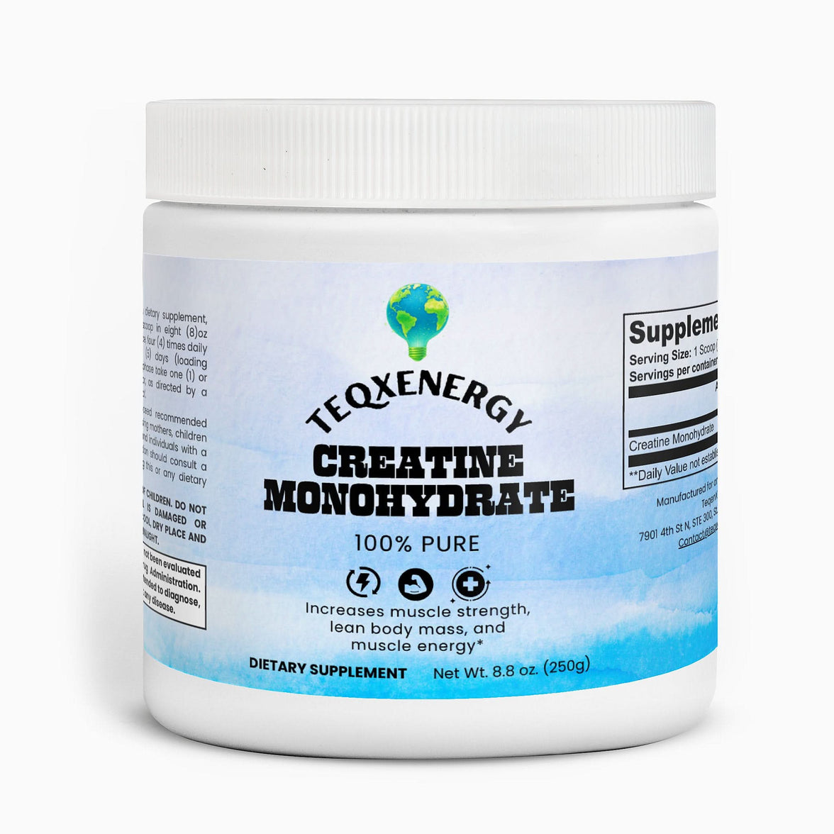 TeqenX Creatine Monohydrate 250g container, labeled '100% Pure,' designed to enhance strength and performance for athletes.