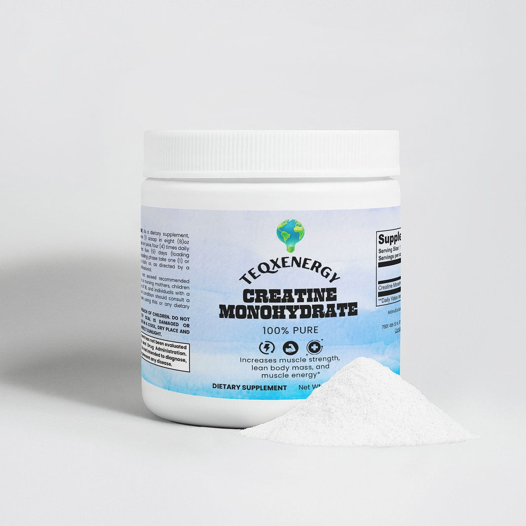 TeqenX Creatine Monohydrate in a white container with a scoop of powder, promoting strength and muscle growth for athletes.