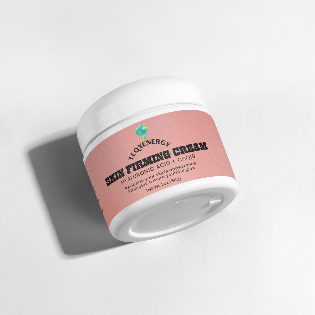 TeqenX Skin Firming Cream features a pink label and white lid, highlighting its anti-aging formula with Hyaluronic Acid and CoQ10.