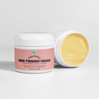 TeqenX Skin Firming Cream in a white jar with yellowish interior, featuring Hyaluronic Acid and CoQ10 for youthful skin.