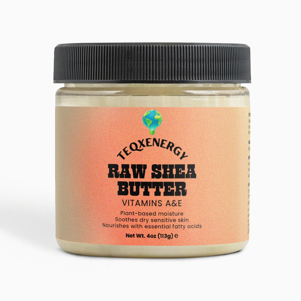 TeqenX Raw Shea Butter in a clear jar with a black lid, labeled as 4oz, offers deep hydration for face, body, and hair.