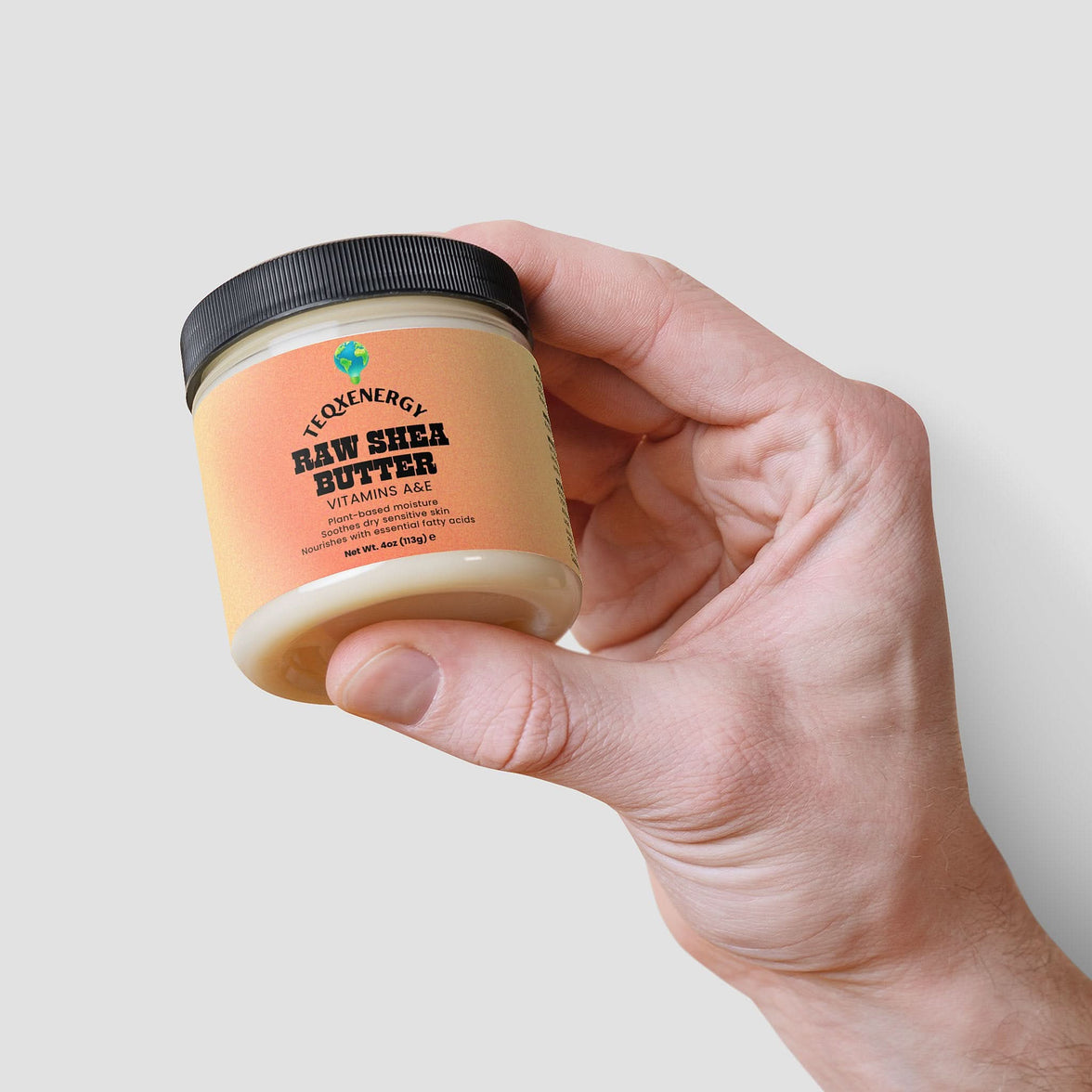 TeqenX Raw Shea Butter in a round container with a black lid, offering organic unrefined moisture for face, body, and hair.
