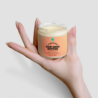 TeqenX Raw Shea Butter in a clear jar, creamy texture, light orange label highlighting vitamins A & E for deep hydration.