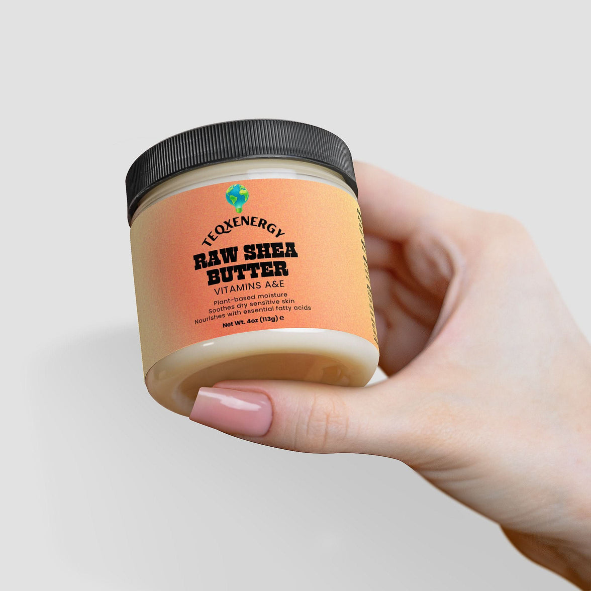 TeqenX Raw Shea Butter in a clear container with a black lid, offering organic unrefined moisture for face, body, and hair.