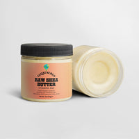 TeqenX Raw Shea Butter in a clear jar with a black lid, featuring creamy off-white moisturizer for face, body, and hair.