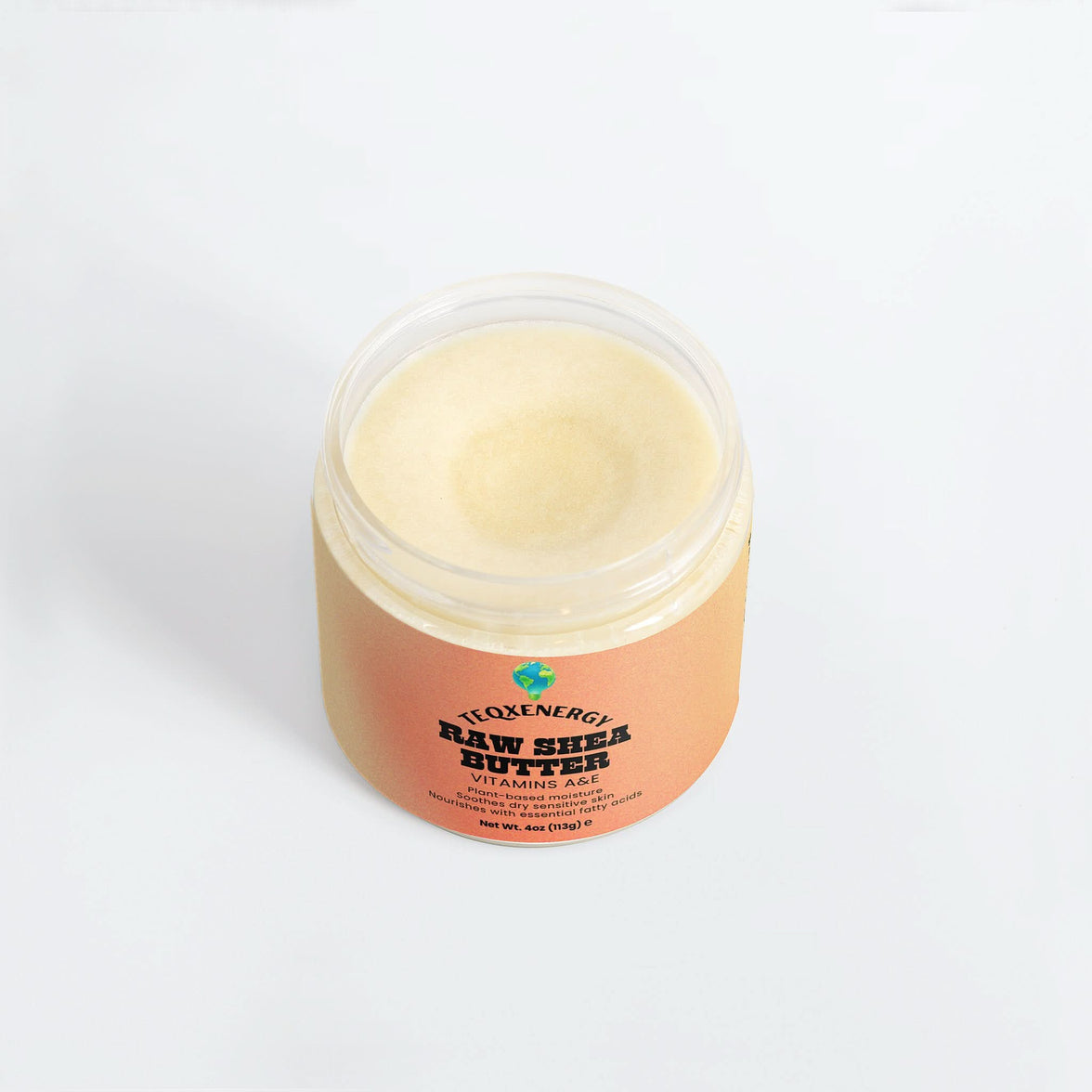 TeqenX Raw Shea Butter in a clear container, showcasing its creamy texture and highlighting vitamins A & E for deep hydration.