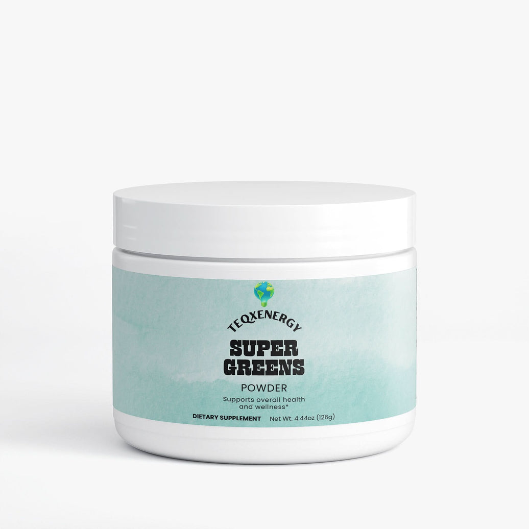 TeqenX Super Greens powder in a white container with a light blue label, featuring nutrient-dense superfoods for wellness.