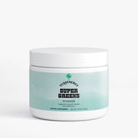 TeqenX Super Greens powder in a white container with a light blue label, featuring nutrient-dense superfoods for wellness.