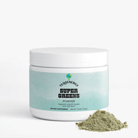 TeqenX Super Greens powder in a white container with a light blue label, featuring nutrient-dense superfoods for daily wellness.