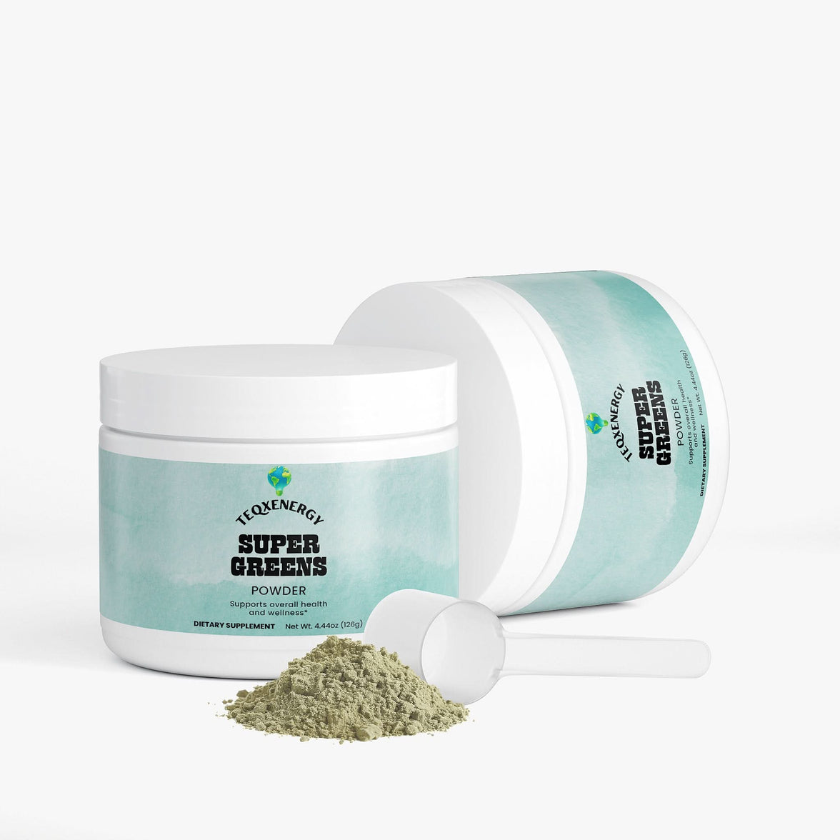 TeqenX Super Greens powder in a round container with a light blue label, featuring a scoop of the nutrient-dense blend.