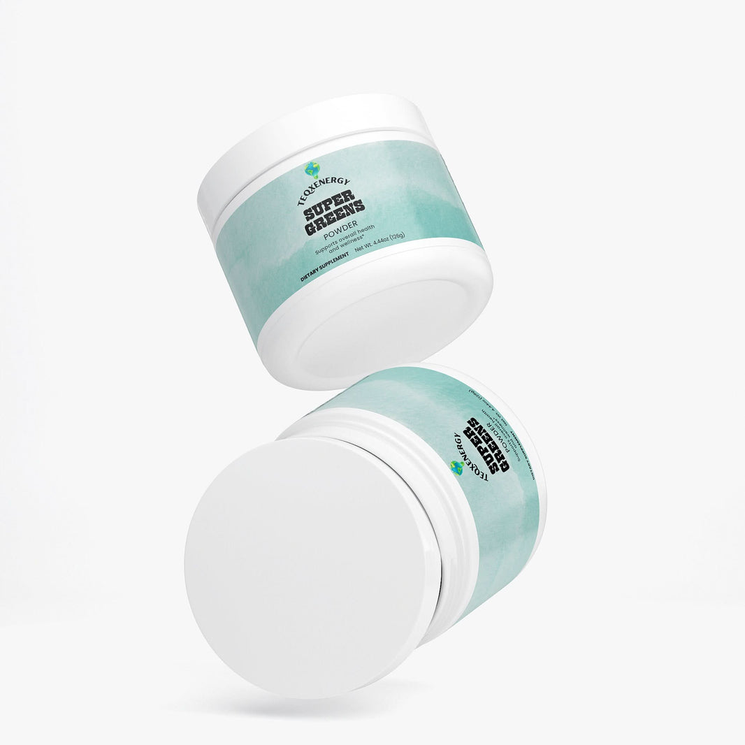 TeqenX Super Greens powder in a round container with a white lid and light green label, featuring nutrient-dense superfoods.