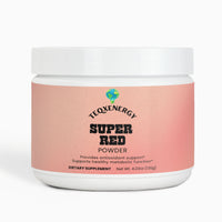 TeqenX Super Red powder in a round container with a pink label, offering antioxidant support and promoting metabolic function.